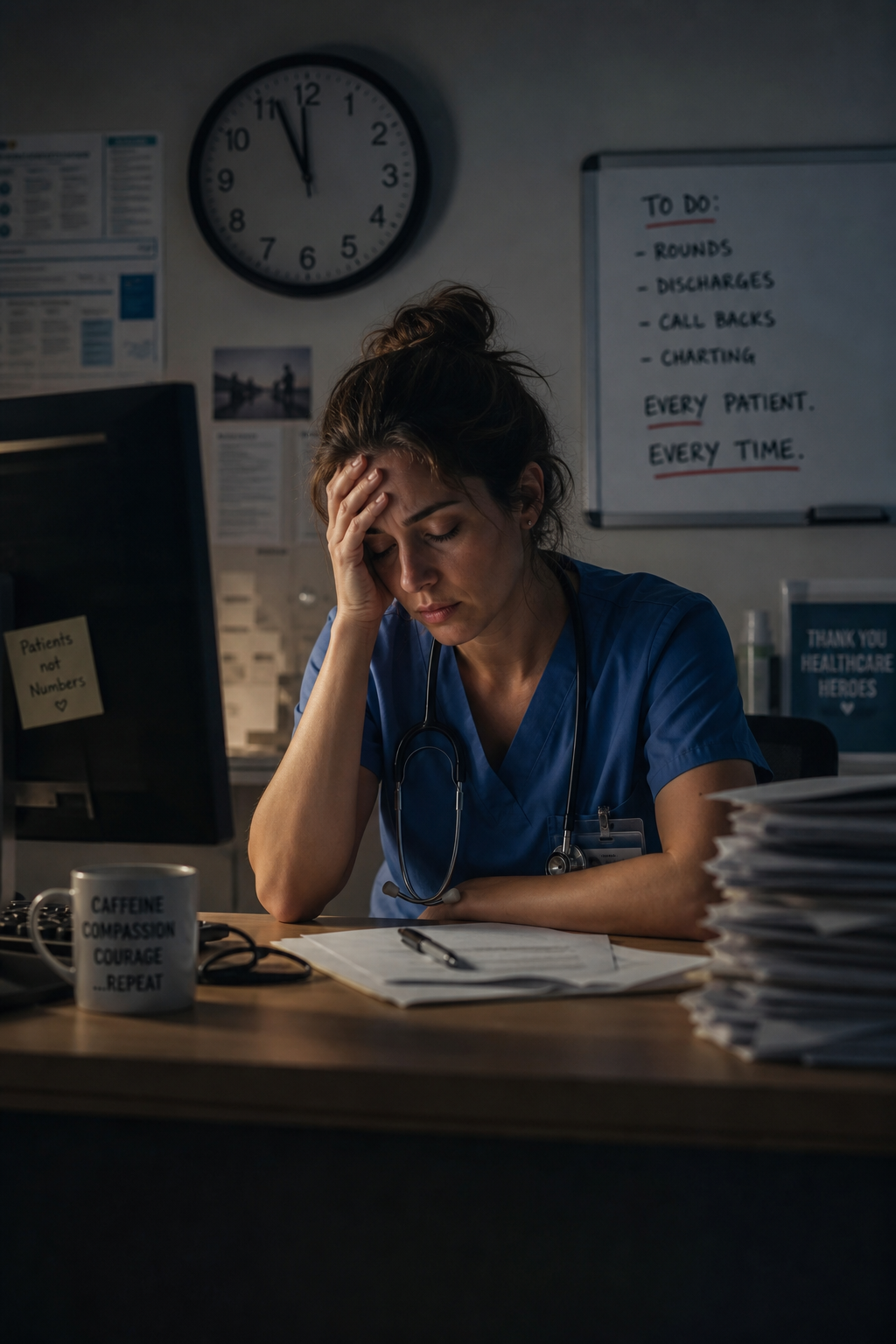 A healthcare professional sitting at a desk, looking tired and stressed, with a subtle clock showing long hours. Cinematic style. Alt: healthcare worker burnout quiz concept showing exhaustion