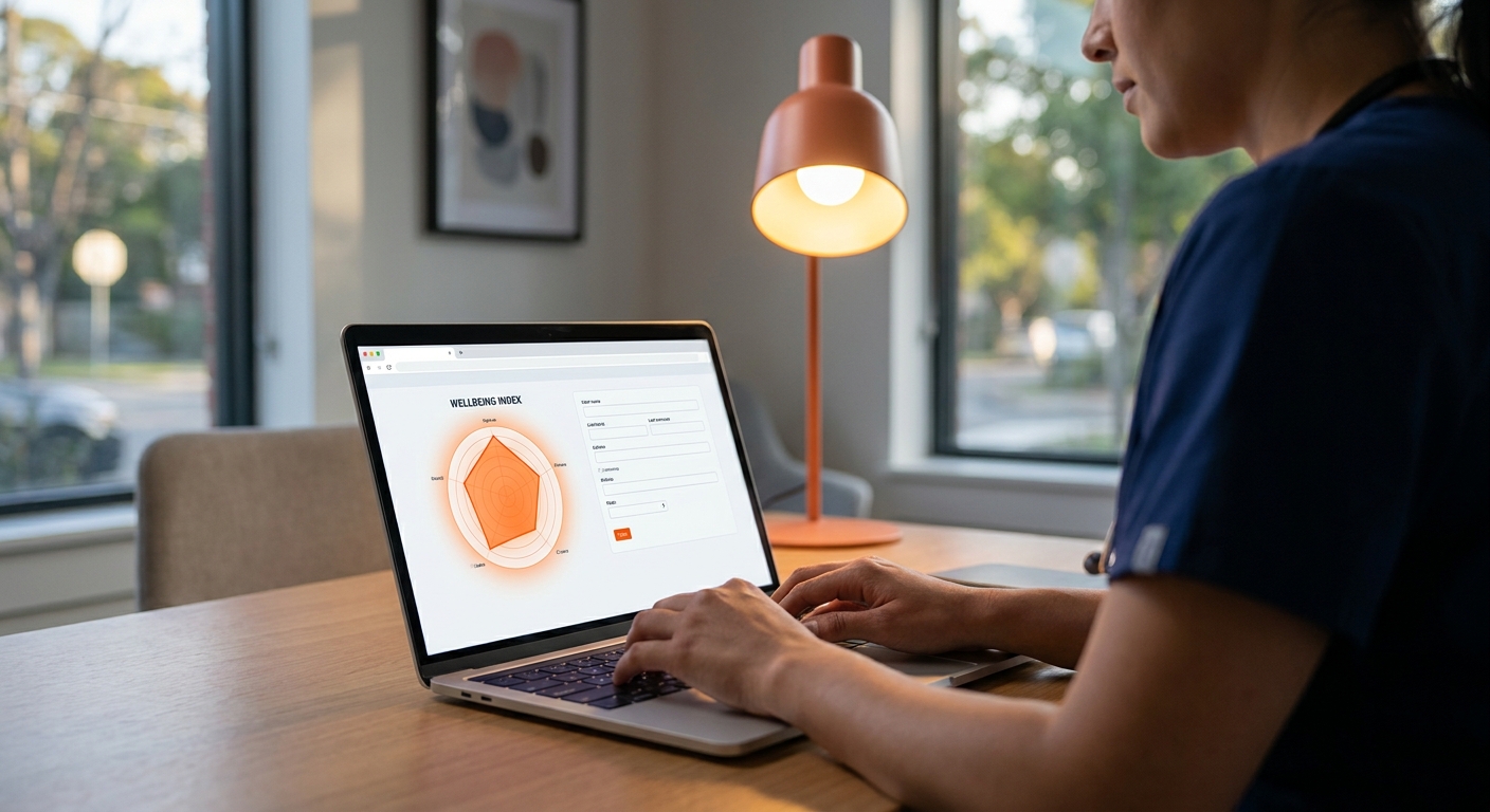 A cinematic scene of a clinician entering data into a sleek web dashboard on a laptop, with a soft focus on a wellbeing radar chart. Alt: healthcare worker using wellbeing index calculator on a computer