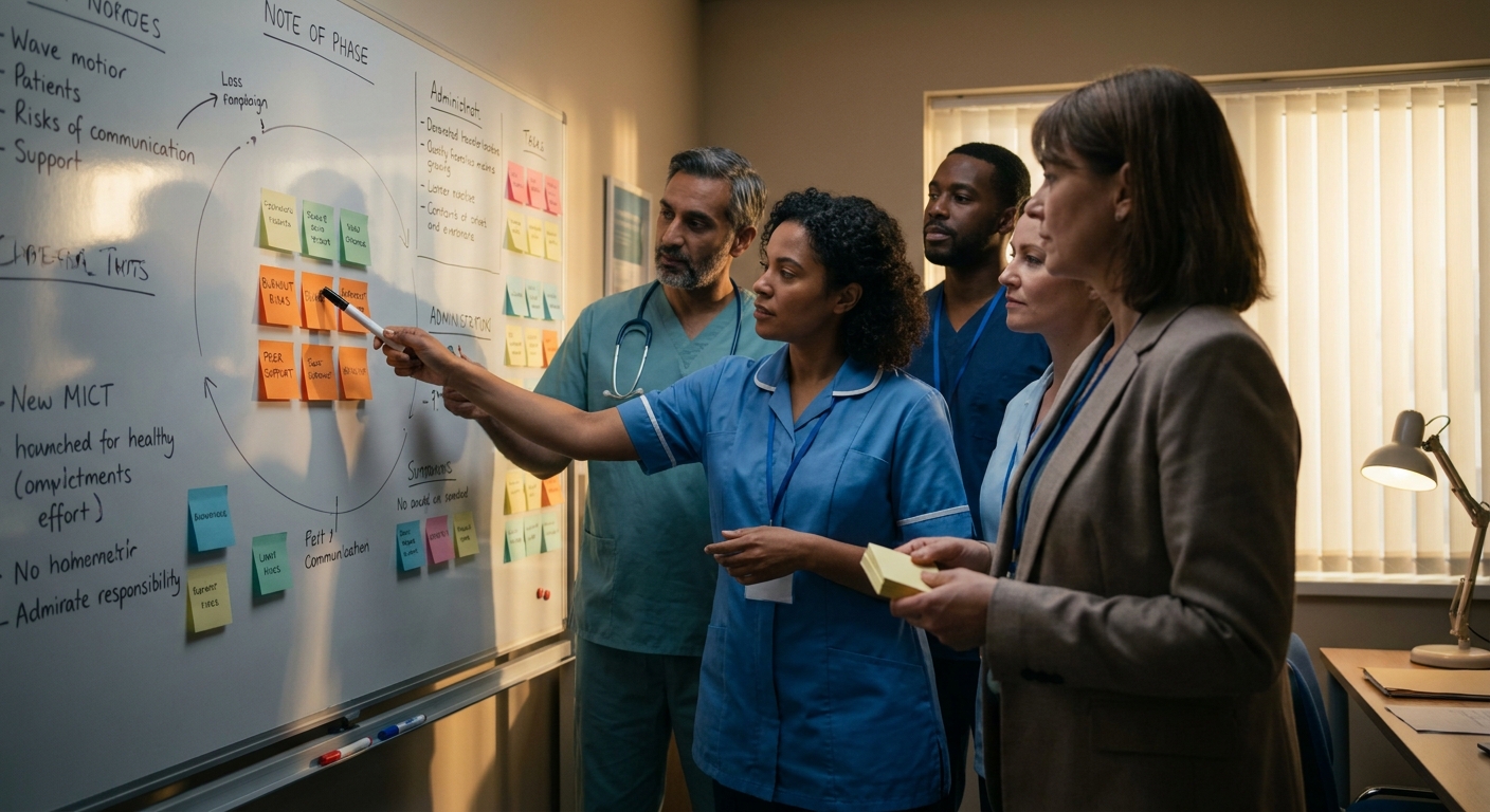 A cinematic illustration of a healthcare team gathered around a whiteboard, mapping wellbeing risks to concrete actions with sticky notes. Alt: action plan creation for healthcare worker wellbeing