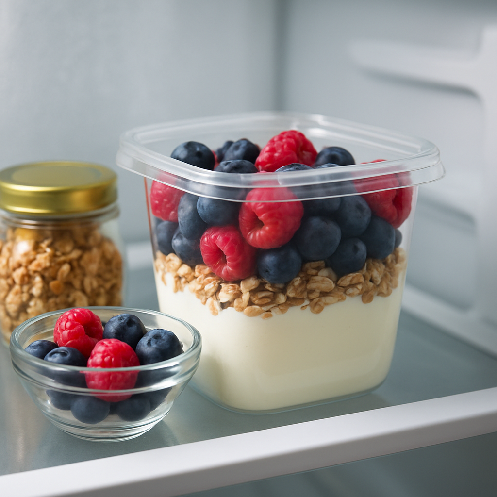 A bright, inviting fridge with a neatly packed Greek yogurt parfait container, fresh berries, and a small jar of granola on a hospital break‑room counter. Alt: Protein‑packed Greek yogurt parfait for nurses, healthy snack idea.
