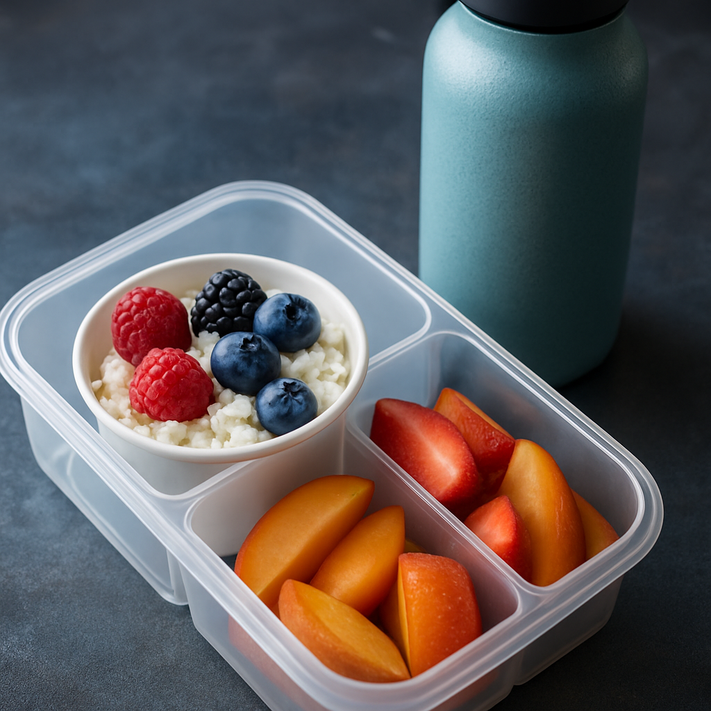 A clear, compartmentalised lunchbox showing a small cup of cottage cheese topped with fresh berries, next to a reusable water bottle and a small container of sliced fruit. Alt: Fresh fruit and cottage cheese snack cup for nurses on night shift