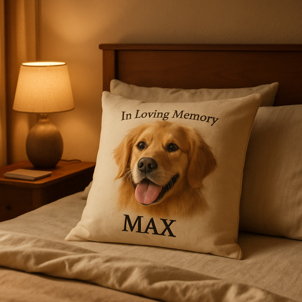A warm, cozy bedroom scene with a personalized pet memorial pillow featuring a golden retriever portrait, soft lighting. Alt: personalized pet memorial pillow gift showing a beloved pet photo on a pillow.