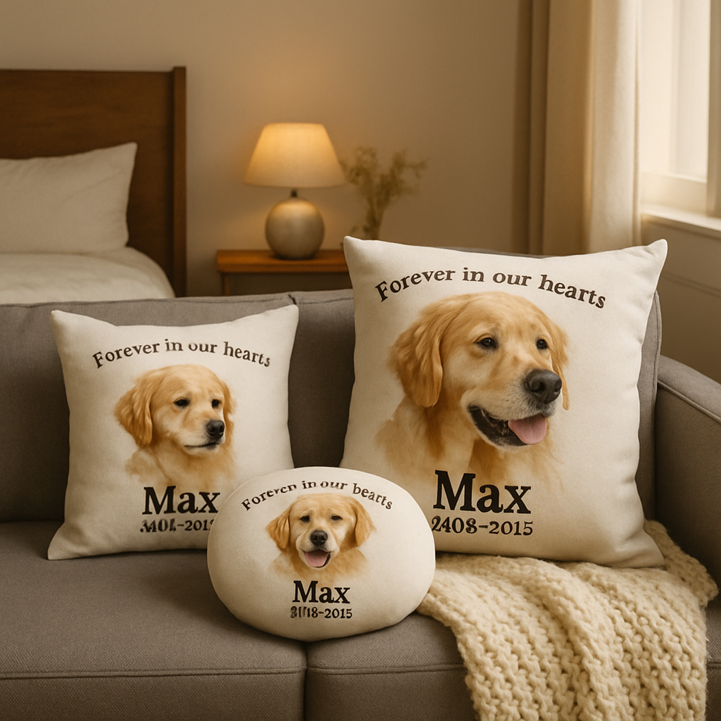 A cozy bedroom scene with a personalized pet memorial pillow gift on a sofa, showing different pillow sizes and shapes. Alt: personalized pet memorial pillow gift sizes and shapes