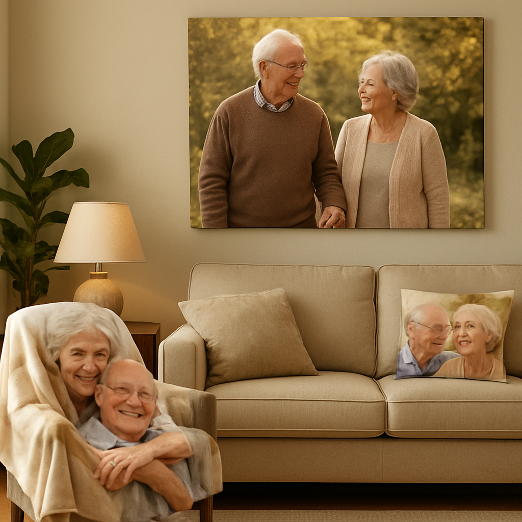 A warm living room scene with a custom photo canvas hanging above a sofa, a photo blanket draped over a cozy armchair, and a photo pillow on the couch. Alt: Classic photo gift ideas for grandparents, timeless keepsakes displayed in a home setting.