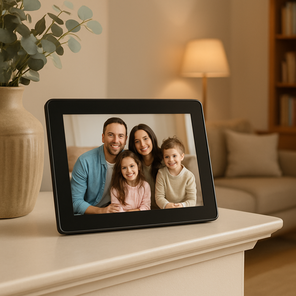 A modern digital photo frame on a mantelpiece displaying a rotating slideshow of family photos, with a cozy living‑room background. Alt: Digital photo frame showcasing family memories for grandparents