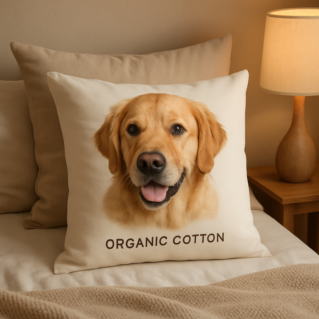 An organic cotton pillow with a printed pet photo, soft lighting, cozy bedroom setting. Alt: Eco-friendly personalized pet memorial pillow gift with custom print