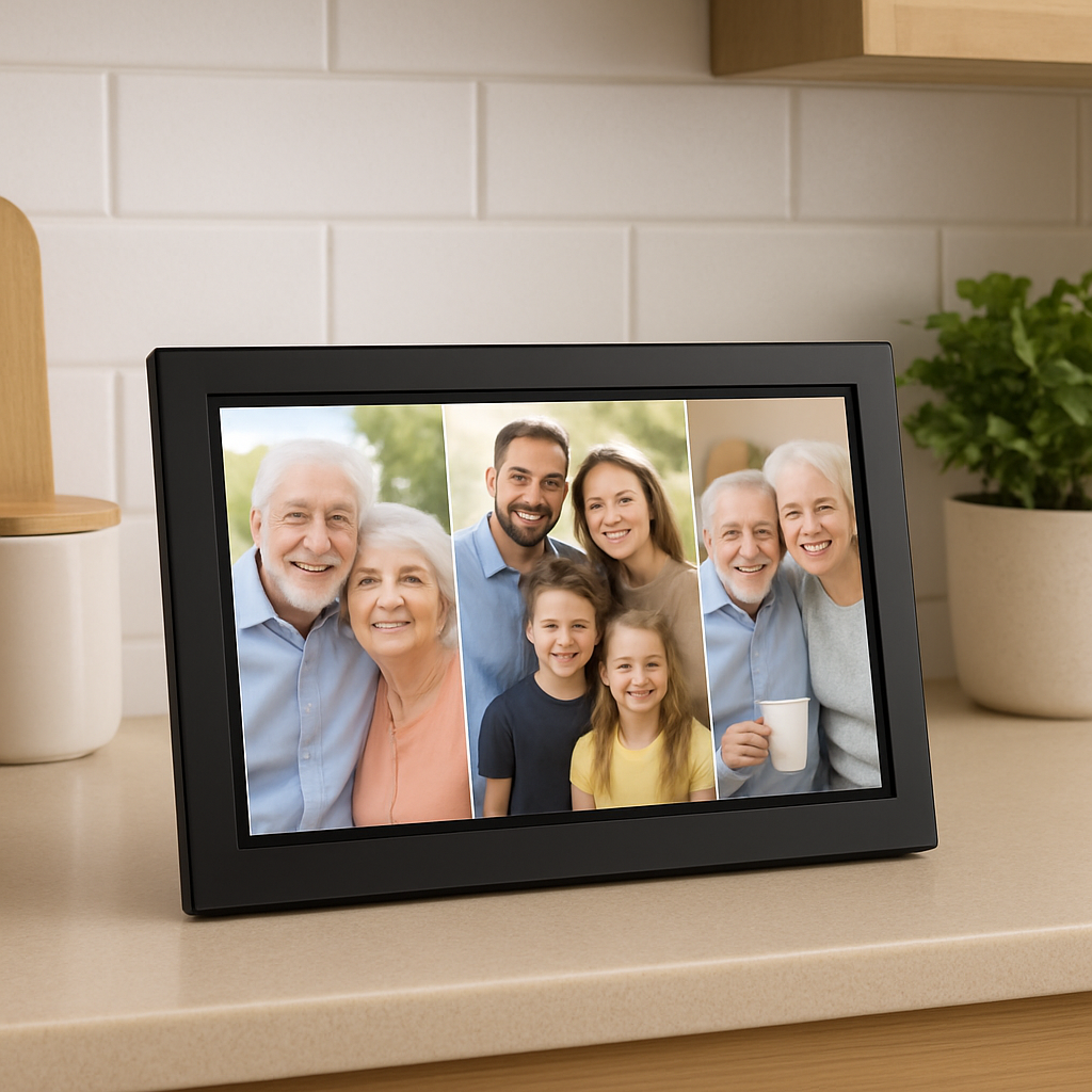 A modern digital photo frame on a kitchen counter displaying a rotating slideshow of family photos. Alt: digital photo frame personalized photo gifts for grandparents