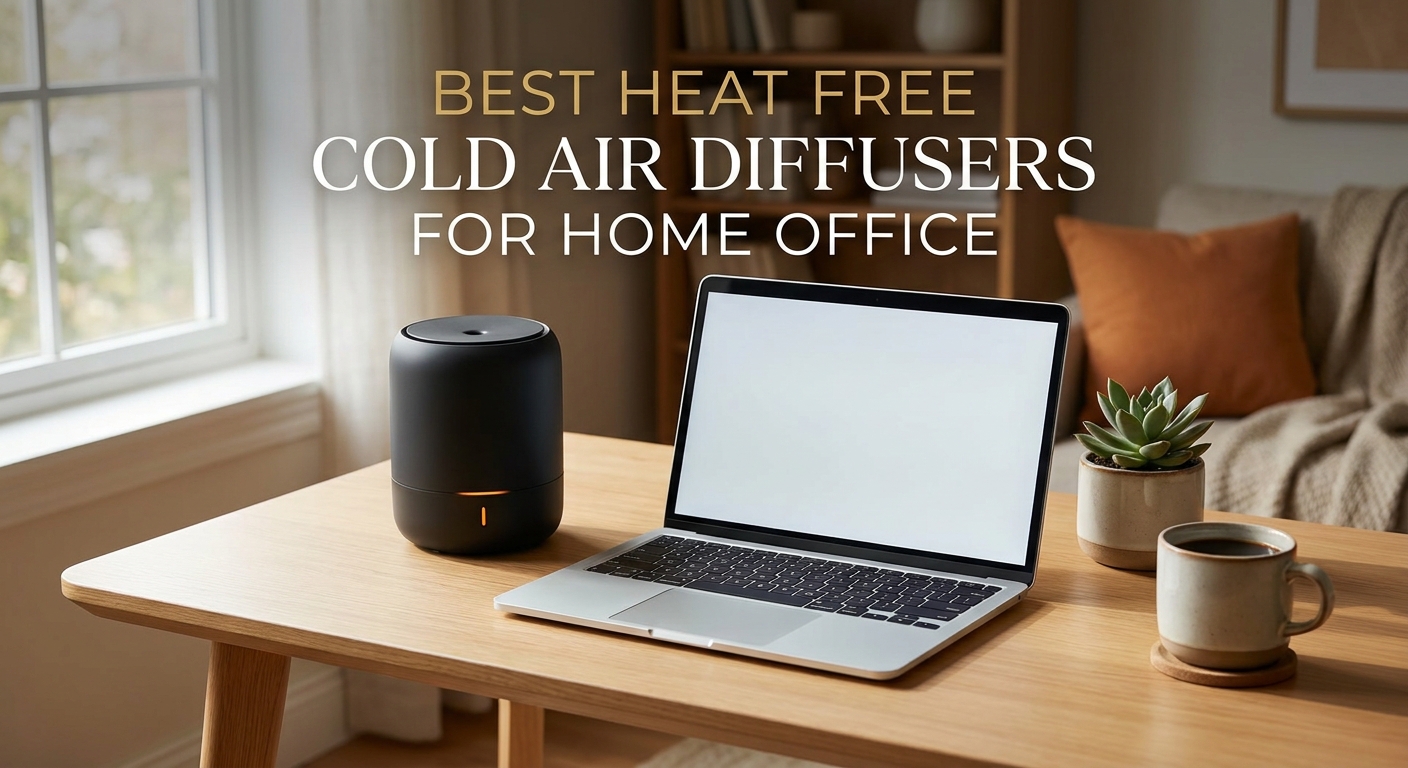 A photorealistic lifestyle scene of a compact modern cold-air diffuser on a minimalist wooden desk beside an open laptop, a small plant, and a warm cup of coffee, natural window light streaming in, warm-toned home office background with an orange accent detail. Alt: heat free cold air diffuser on a home office desk beside a laptop.