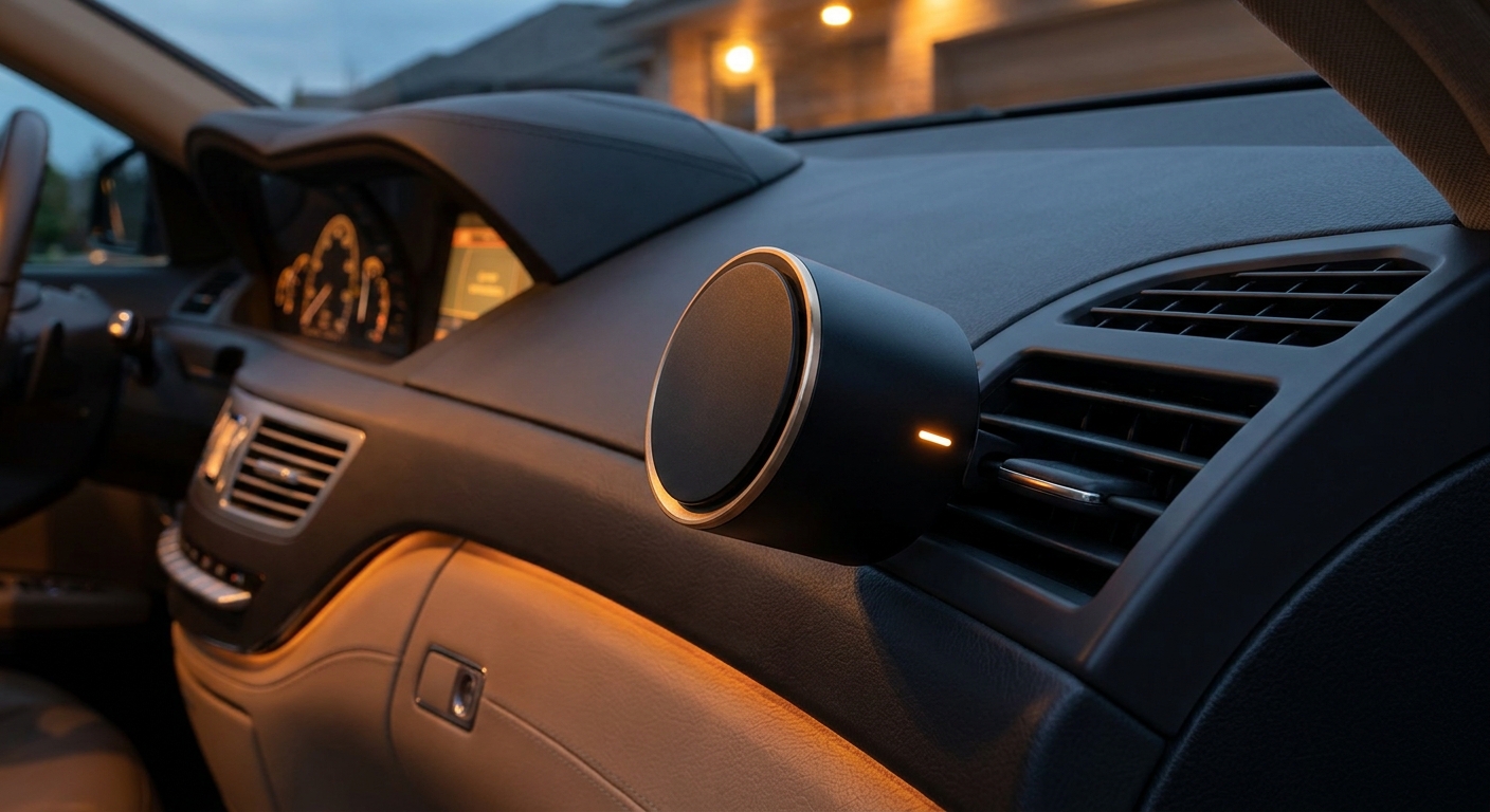 A photorealistic close-up of a sleek, compact cold-air diffuser clipped to a car vent, with warm ambient light from a car interior, orange accent color visible on the device, clean and modern aesthetic. Alt: compact heat free diffuser for car and home office travel use.
