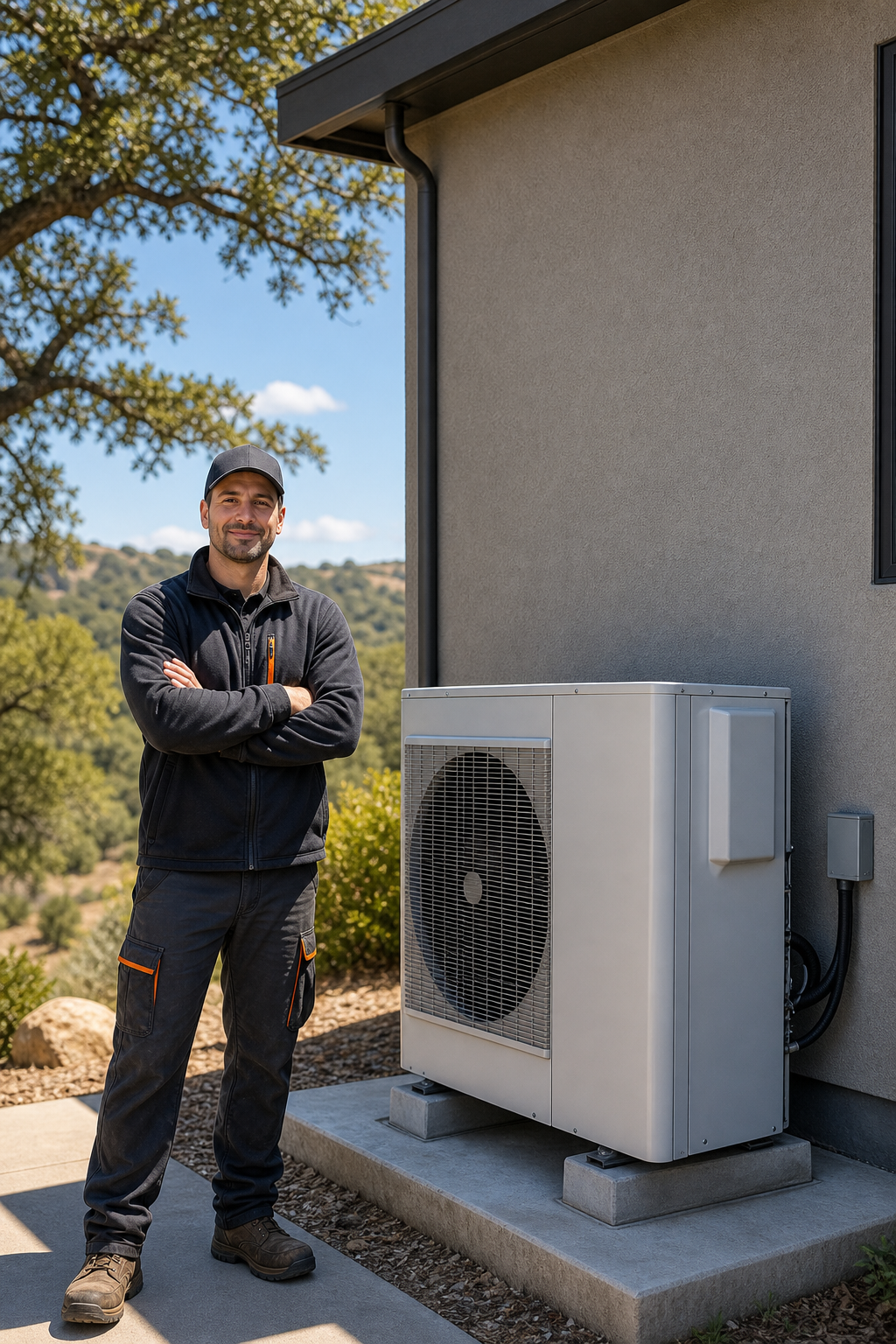A friendly HVAC technician in a uniform standing beside a modern heat pump unit installed on the side of a suburban home in a California foothills setting, with oak trees and a clear blue sky in the background. Alt: veteran-friendly heat pump financing with local HVAC contractor in Placer County California