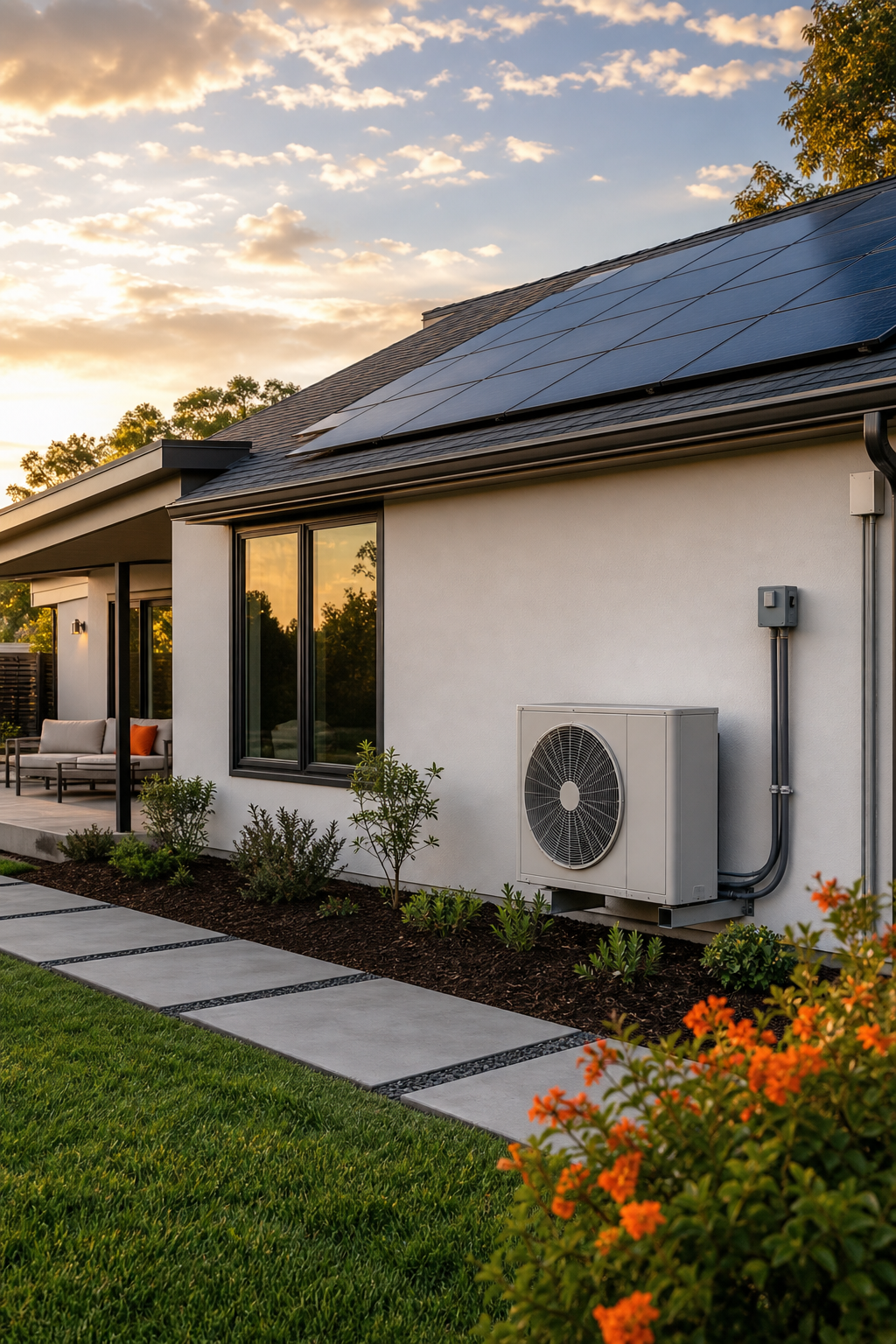 A modern California home with solar panels and a heat pump unit visible on the exterior wall, set against a warm afternoon sky, representing energy-efficient home upgrades and property-tied financing. Alt: California PACE financing for heat pump installation on residential property
