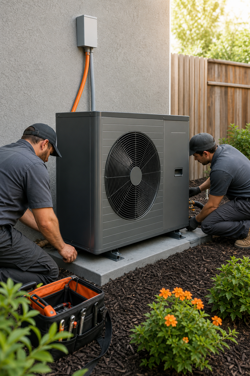 A photorealistic image of a modern heat pump outdoor unit being installed by two technicians in a Roseville backyard, with a clear view of the unit's label. Alt: Heat pump equipment installation Roseville CA refrigerant type