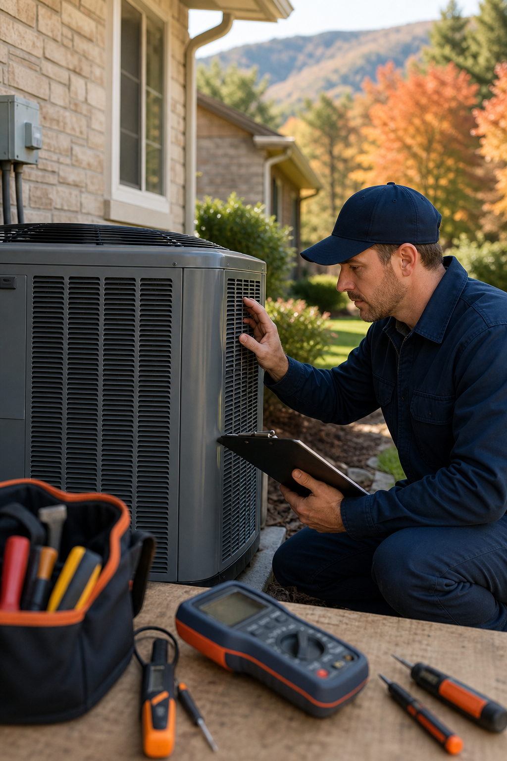 A photorealistic scene of an HVAC technician inspecting a heat pump in a cozy East Tennessee home, with tools and a digital thermometer on a workbench. Alt: East Tennessee HVAC inspection