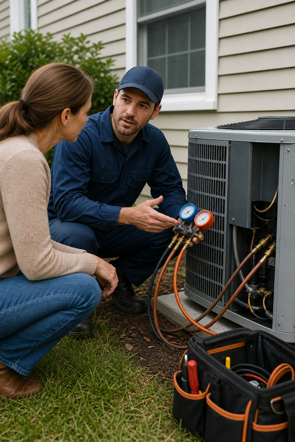 A homeowner discussing a refrigerant leak repair with a technician near an outdoor heat pump. Alt: Licensed technician repairing refrigerant leak
