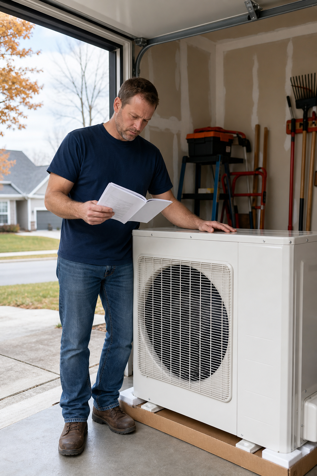A realistic scene of a homeowner in a suburban East Tennessee garage, holding a heat pump outdoor unit and reading the installation manual. Alt: DIY heat pump installation in East Tennessee home.
