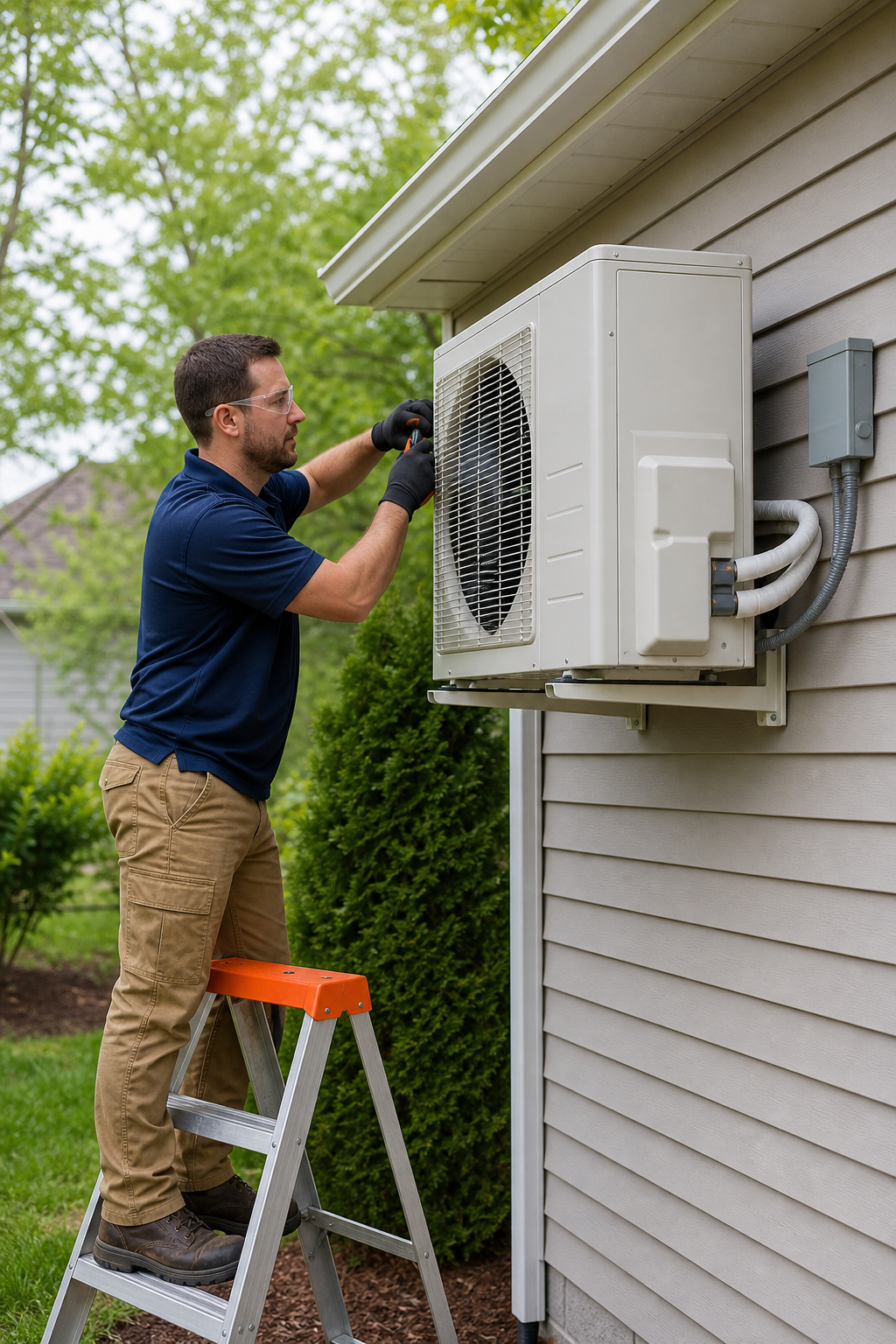 A realistic photo of a Jack Frost technician installing a split‑system heat pump on a suburban house in East Tennessee. Alt: Professional split‑system heat pump installation.