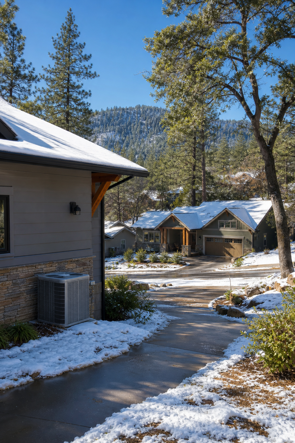 A wide photorealistic landscape shot of a California Sierra Foothill neighborhood in winter, showing a mix of ranch-style and craftsman homes surrounded by pine and oak trees with light snow on the ground and a clear blue sky overhead. Alt: Sierra Foothill neighborhood in Placer County California showing homes that need heating and cooling systems suited to the local climate.