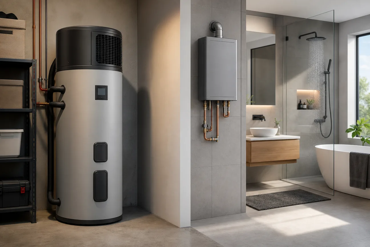 Editorial illustration for Best Heat Pump Water Heater vs Tankless Options