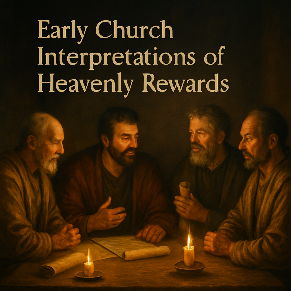 A serene illustration of early church fathers discussing heavenly rewards, with scrolls and candles, alt: Early Church interpretations of heavenly rewards