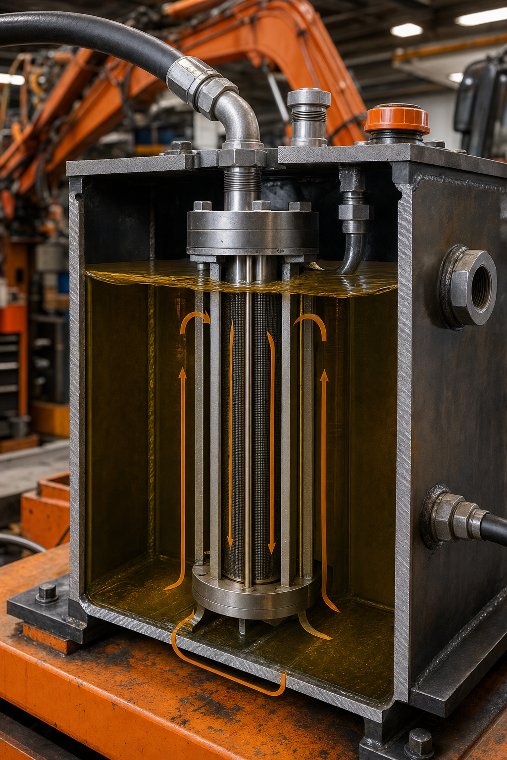 A photorealistic cross-section view of a stainless steel immersion fluid warmer installed inside a heavy equipment hydraulic tank, showing internal fluid flow paths, NPT threaded fittings, and industrial weld flanges in an orange-accented workshop environment. Alt: heavy duty immersion fluid warmer cross-section showing internal heat exchange components in industrial hydraulic system.