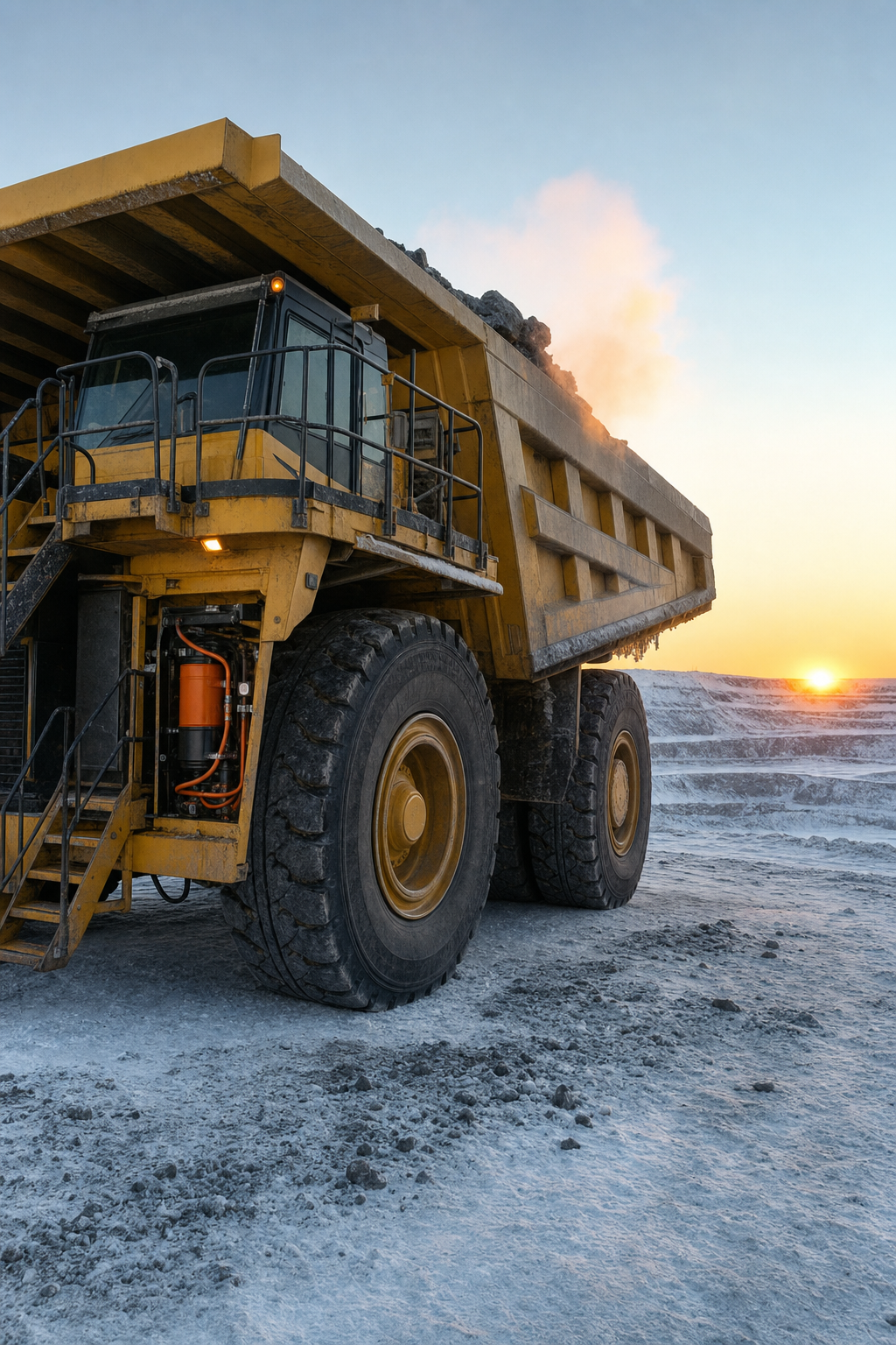A photorealistic scene of a large yellow mining haul truck operating in a snow-covered open-pit mine at dawn, with visible exhaust heat rising and orange-accented fluid warming equipment visible near the hydraulic reservoir access panel. Alt: heavy duty mining haul truck with immersion fluid warmer system operating in extreme cold Canadian winter mine site.