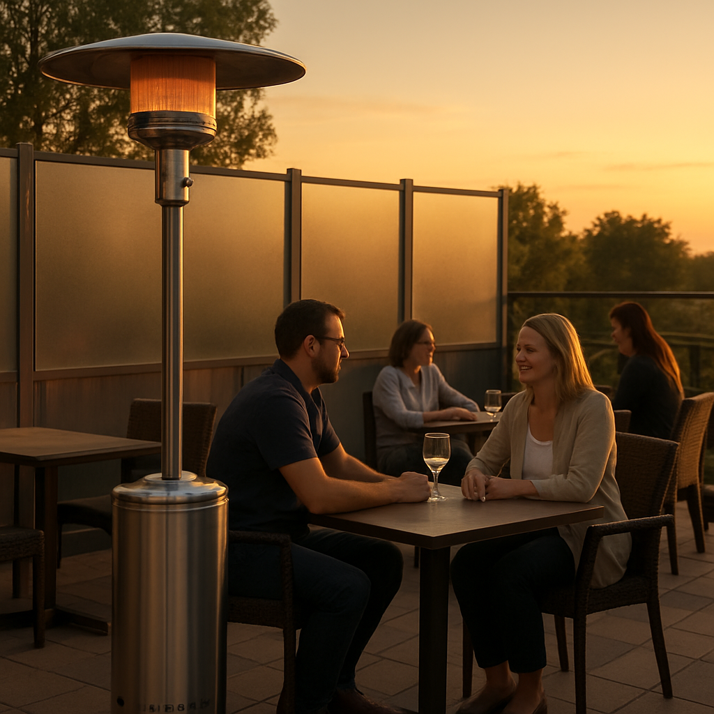 Terrasse im Abendlicht mit einem Gas‑Heizstrahler, Gäste sitzen entspannt, leichte Windschutzwände im Hintergrund. Alt: heizstrahler terrasse gas - Gas‑Heizstrahler verbreitet Wärme auf moderater Einstellung.