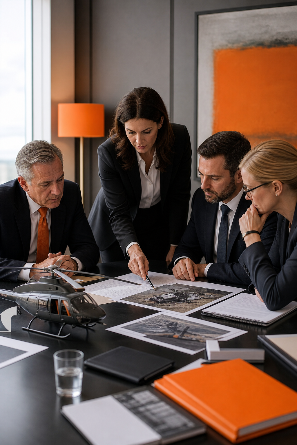 A photorealistic image of a legal team reviewing helicopter crash documents and a model helicopter in a conference room, symbolizing litigation and investigation. Alt: Legal team analyzing helicopter crash evidence.