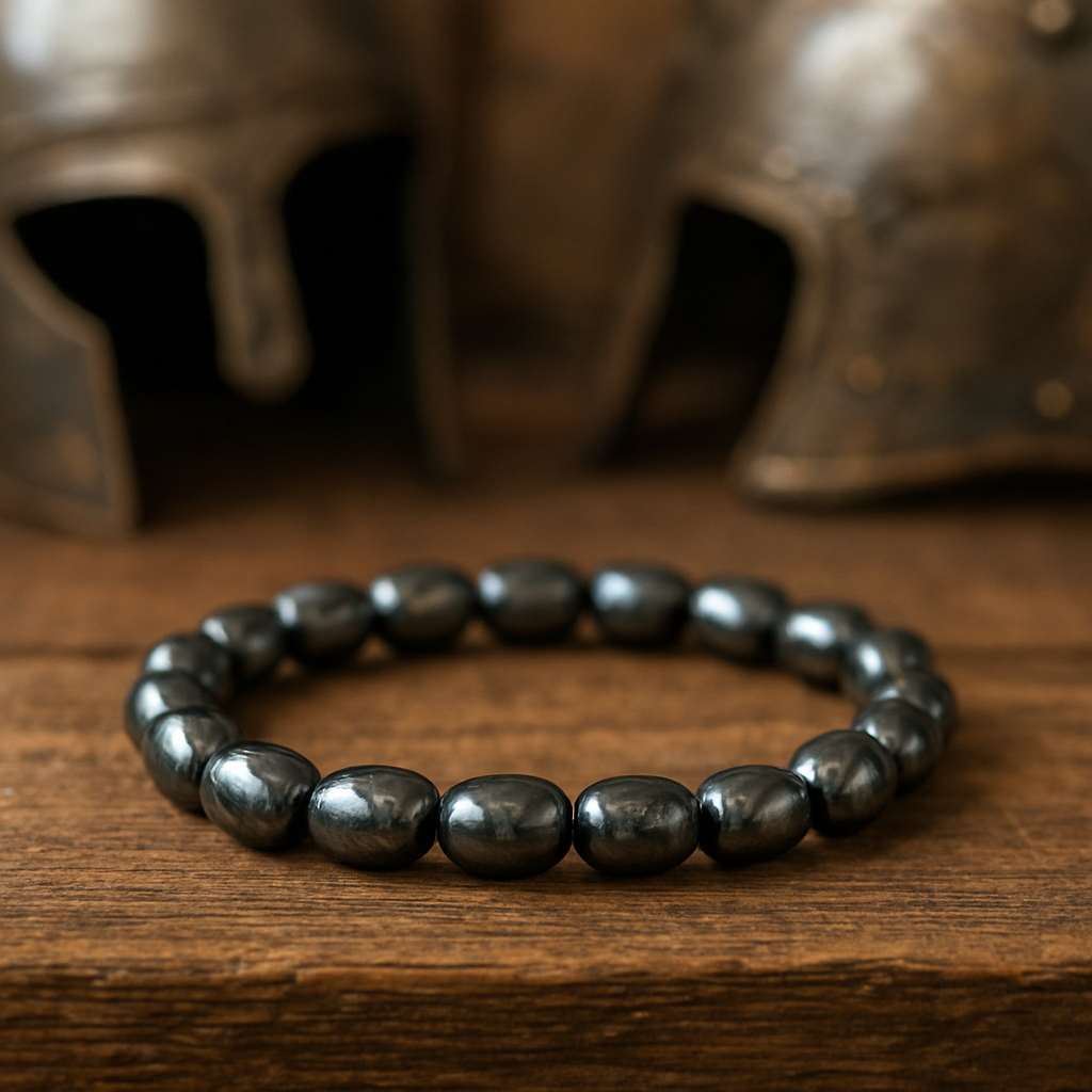 A close‑up of a handcrafted hematite bracelet lying on a rustic wooden table, with a soft focus background of ancient Roman armour fragments. Alt: Hematite bracelet meaning – historic grounding jewellery piece
