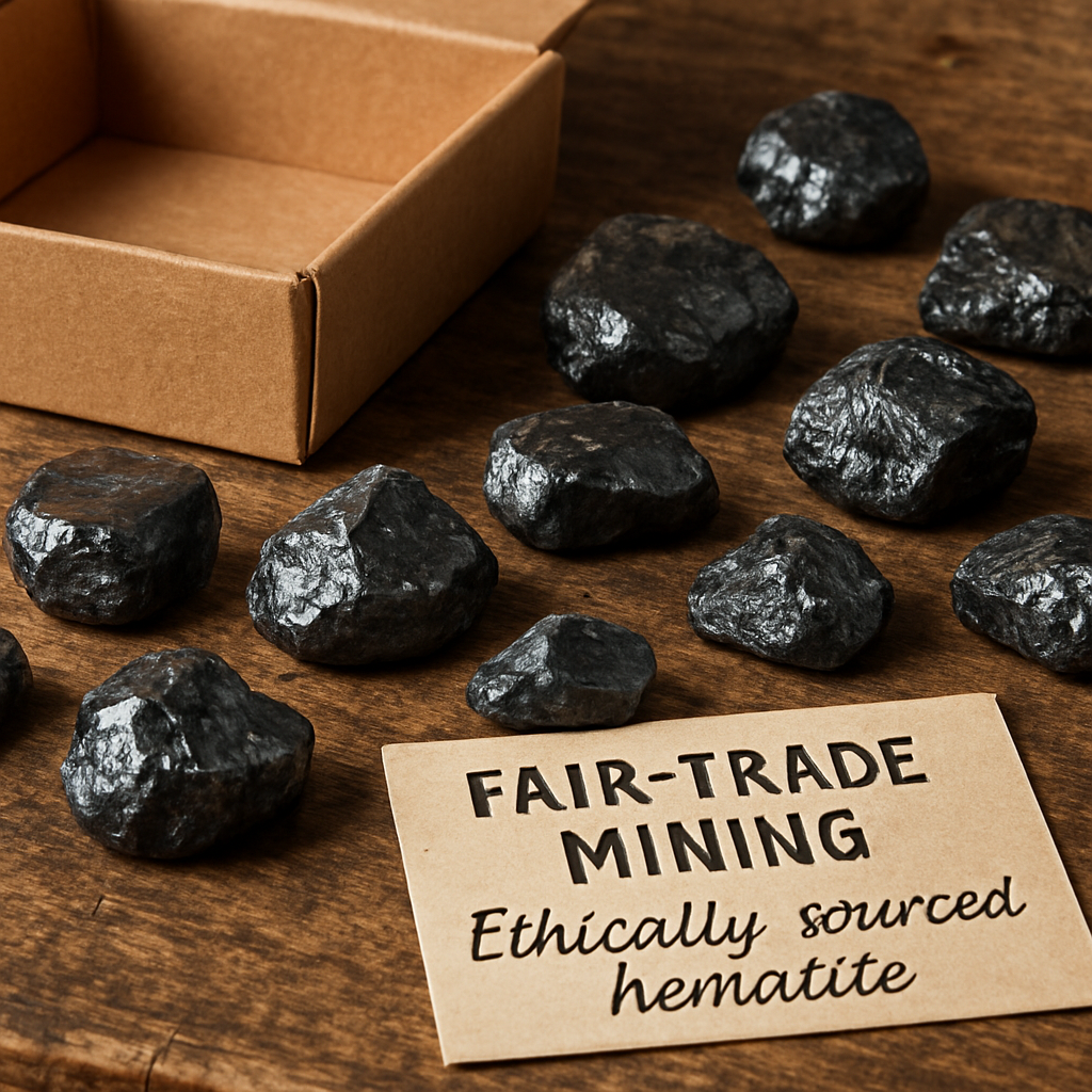 A close‑up of ethically sourced raw hematite stones laid out on a reclaimed wood workbench, with a reusable cardboard box and a handwritten note about fair‑trade mining. Alt: Ethical sourcing of hematite stones for sustainable jewellery