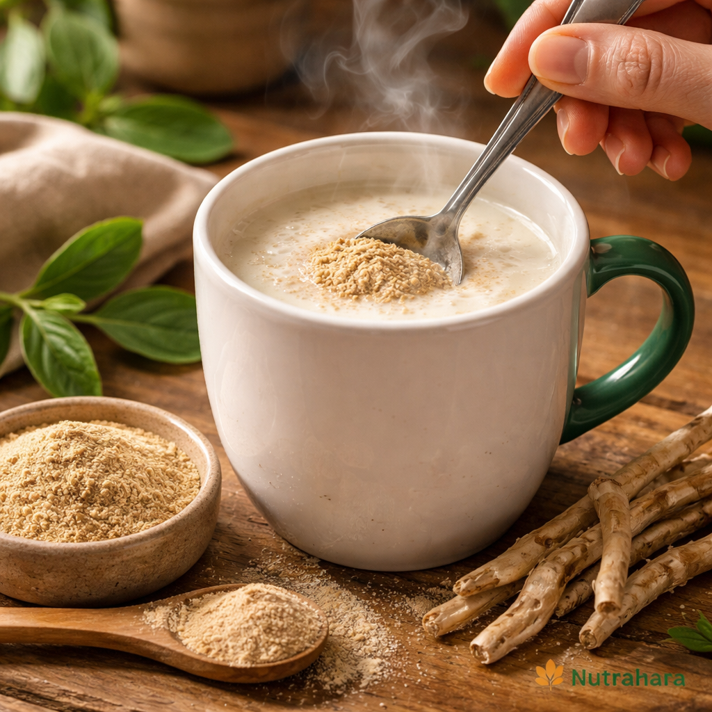A realistic close‑up of Ashwagandha root powder being stirred into a steaming mug of milk on a wooden table. Alt: Ashwagandha powder in milk for stress relief.
