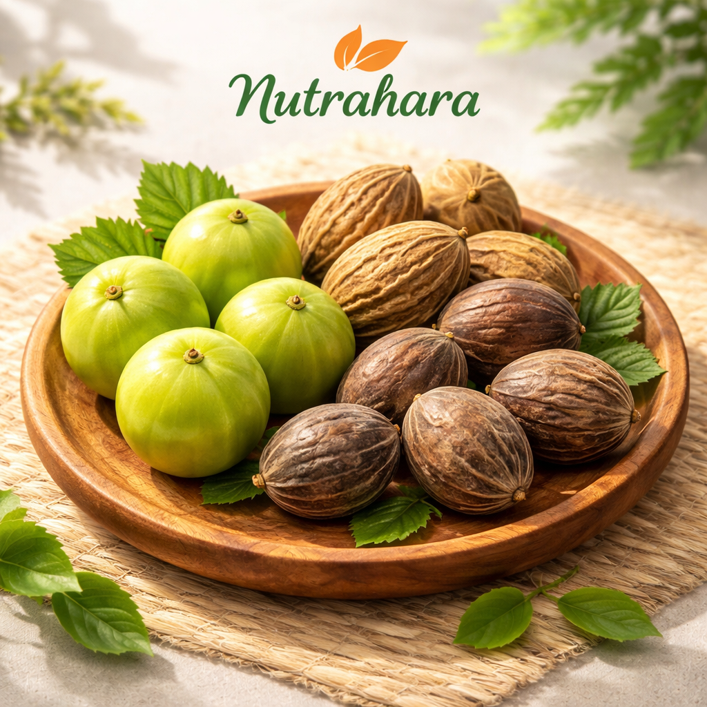 A realistic illustration of the three Triphala fruits (Amalaki, Haritaki, Bibhitaki) arranged on a wooden plate, with soft natural lighting. Alt: Triphala fruit blend for digestive health.