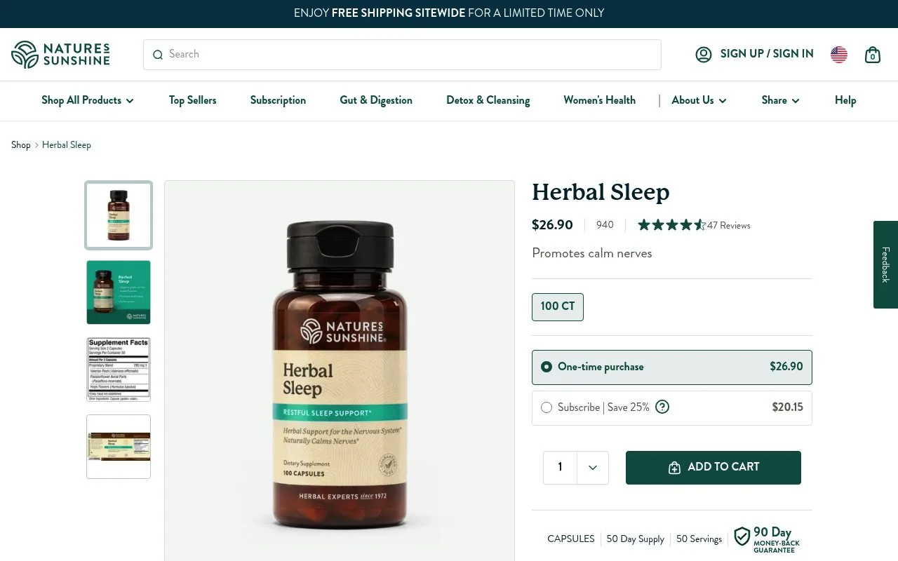 Screenshot of the Nature's Sunshine Herbal Sleep Capsules website