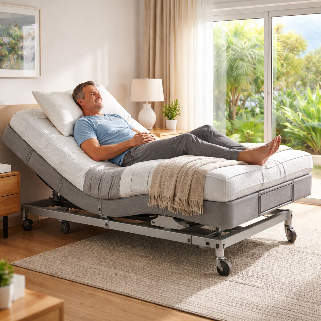 A photorealistic scene of a modern bedroom in Australia showing a hi lo adjustable bed with a gentle head and foot incline, a middle‑aged person lying comfortably with a relaxed posture, soft natural light streaming through a window, highlighting the ergonomic benefits for lower back pain. Alt: hi lo bed for lower back pain australia with ergonomic support.