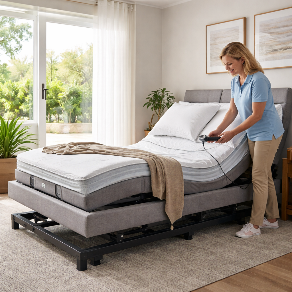 A photorealistic scene of a modern Australian bedroom featuring a hi lo adjustable bed with its head and foot sections slightly raised, a medium‑firm gel‑infused mattress, a breathable mattress cover, a caregiver gently adjusting the remote, and soft natural daylight filtering through a window. Alt: hi lo bed for lower back pain australia maintenance routine showing clean motor tracks and level frame.