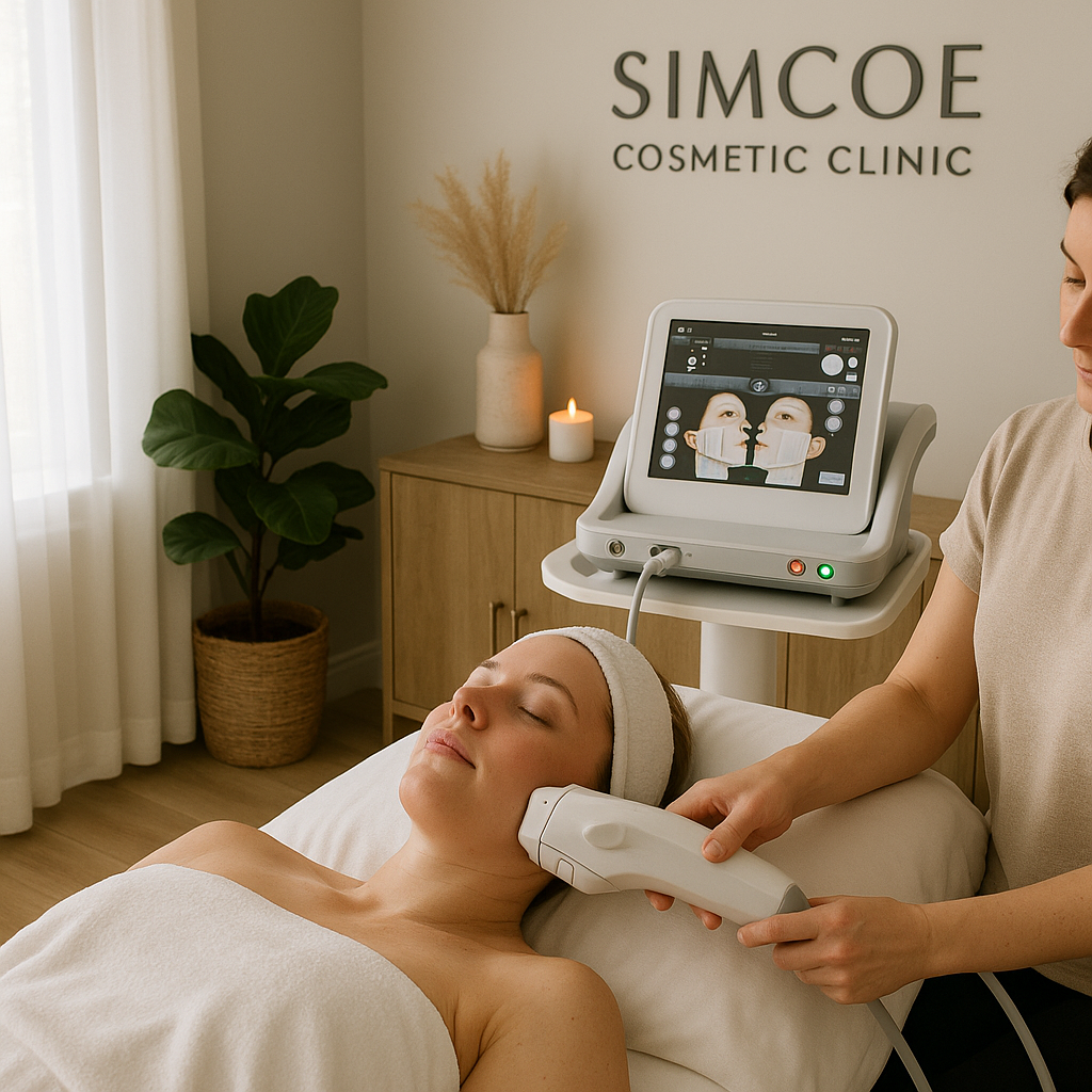 A serene spa room at Simcoe Cosmetic Clinic where a patient undergoes HIFU treatment. Alt: HIFU Barrie skin tightening procedure at Simcoe Cosmetic Clinic.
