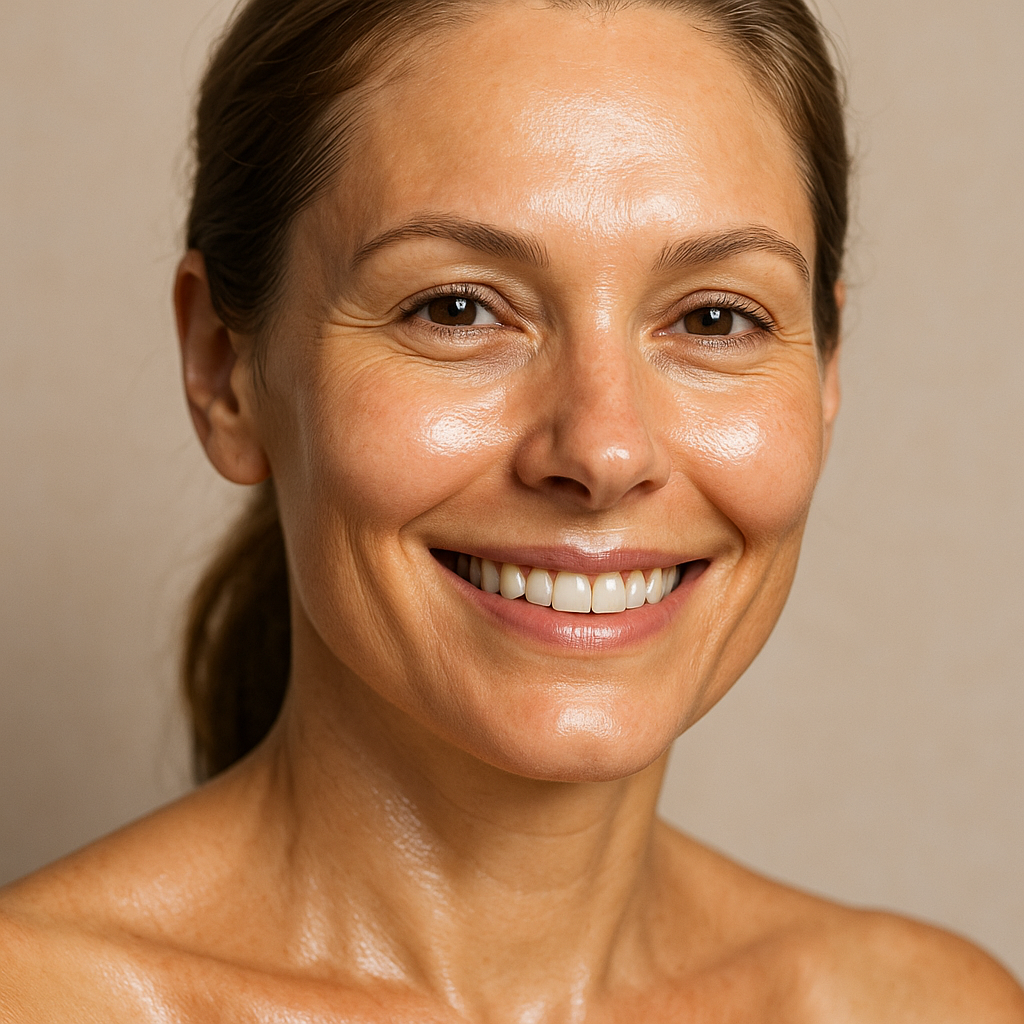 Close-up of a woman smiling confidently post-HIFU treatment, glowing and youthful. Alt: Post HIFU Barrie treatment skin rejuvenation results.