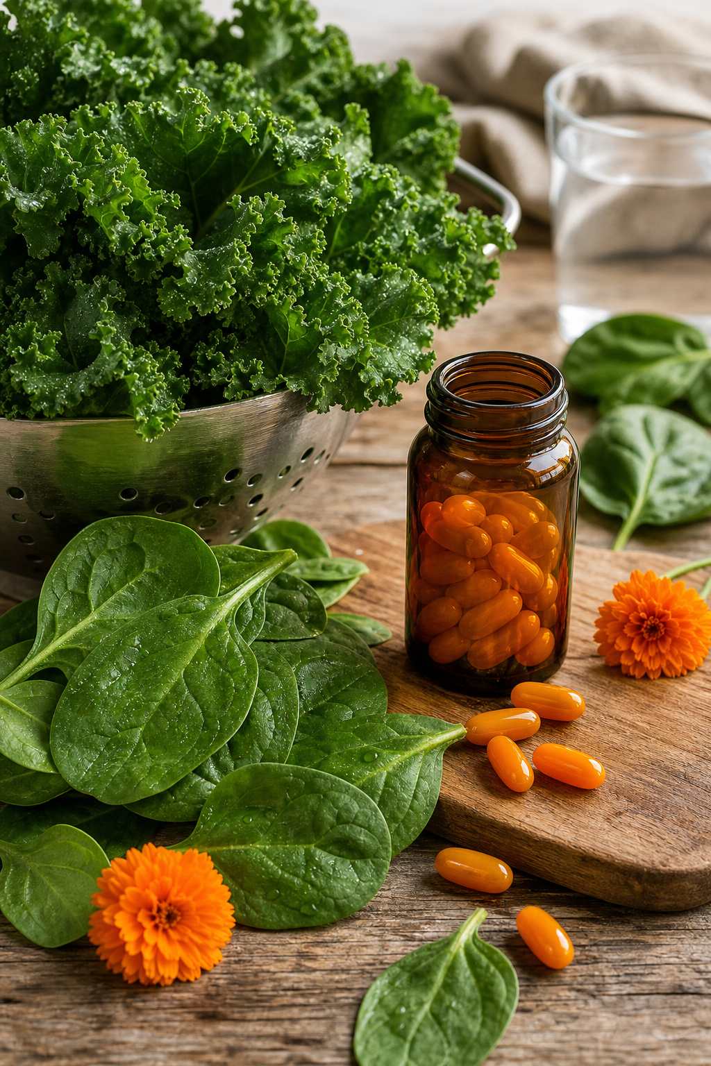 A photorealistic close-up of natural eye-health ingredients like lutein-rich kale, spinach leaves, and a small bottle of supplements on a wooden table. Alt: High absorption zeaxanthin supplement for age related macular degeneration - Natural Daily Insights blend.