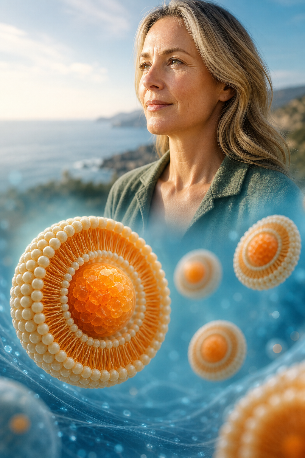 A photorealistic depiction of liposomal encapsulation technology, showing tiny lipid spheres surrounding nutrient molecules, with a soft blue background. Alt: Liposomal zeaxanthin supplement for macular degeneration.