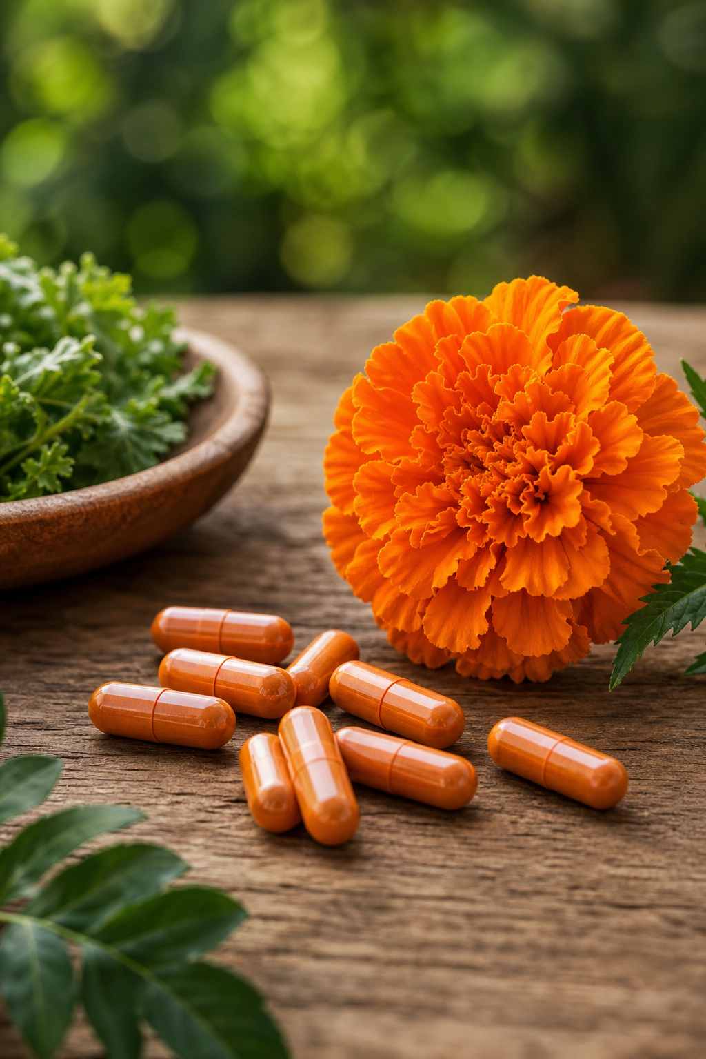 A photorealistic close-up of supplement capsules and a marigold flower on a wooden table, with soft natural lighting. Alt: High bioavailability lutein supplement capsules with liposomal delivery