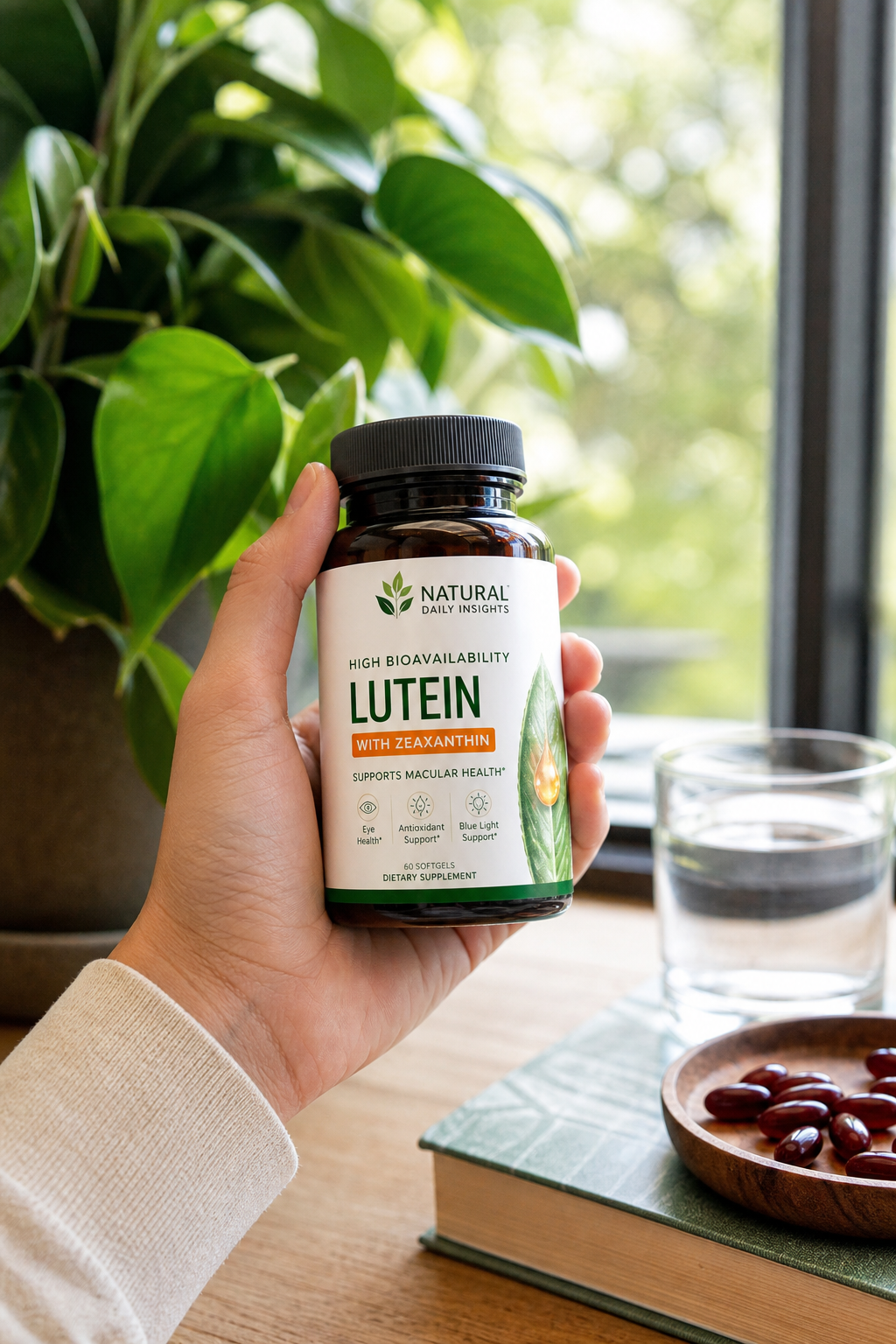 A realistic image of a person holding a supplement bottle near a window, with green plants in the background. Alt: High bioavailability lutein supplement for macular health with zeaxanthin