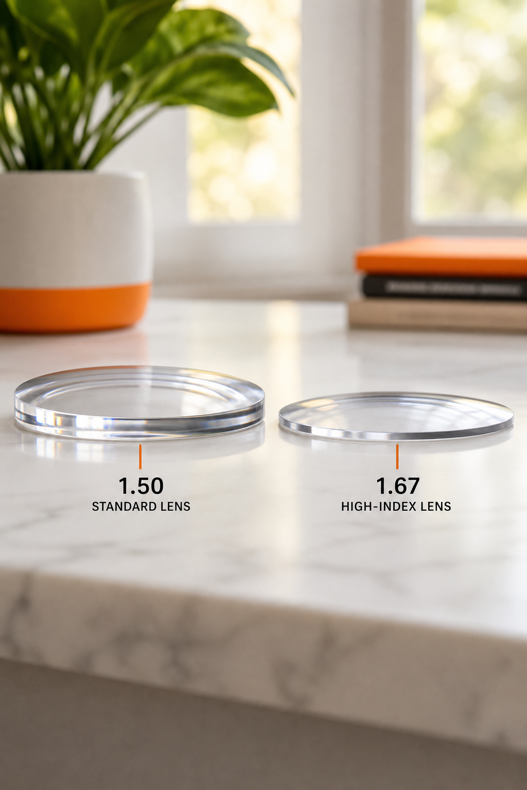 A realistic side-by-side comparison of a standard 1.50 lens and a 1.67 high-index lens on a white surface, clearly showing the reduced edge thickness. Alt: Comparison of 1.67 high-index lens thickness vs standard lens.