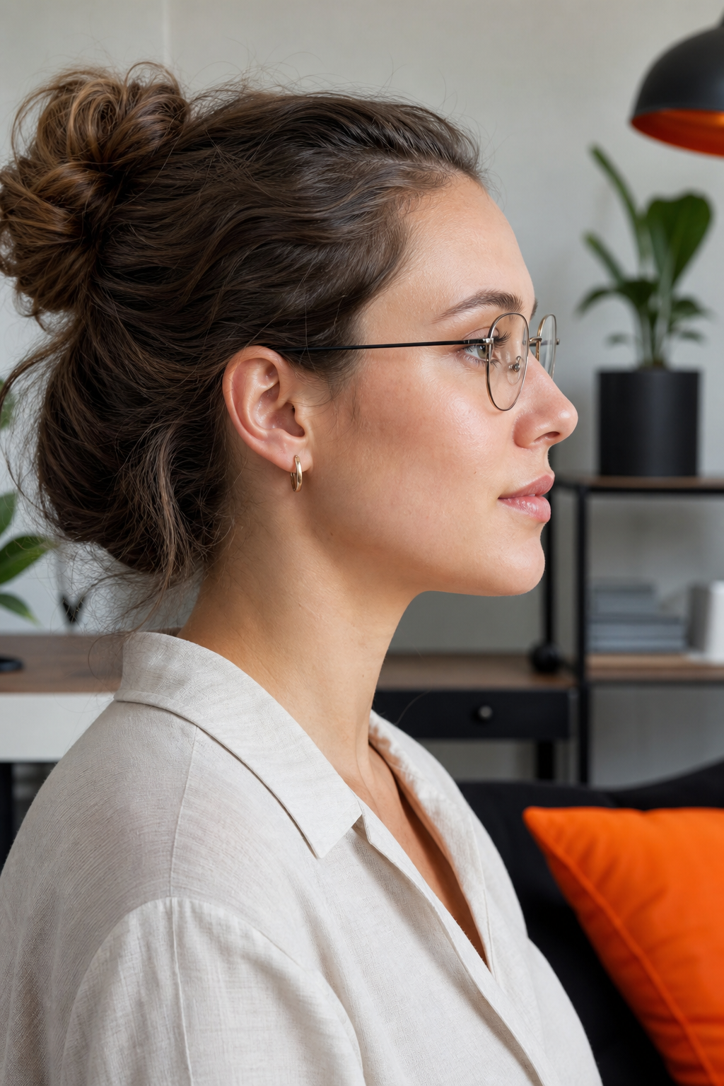 A photorealistic image of a person wearing thin-rimmed eyeglasses with 1.74 lenses, showing minimal lens protrusion from the side. Alt: Person wearing thin-rimmed glasses with 1.74 high-index lenses.