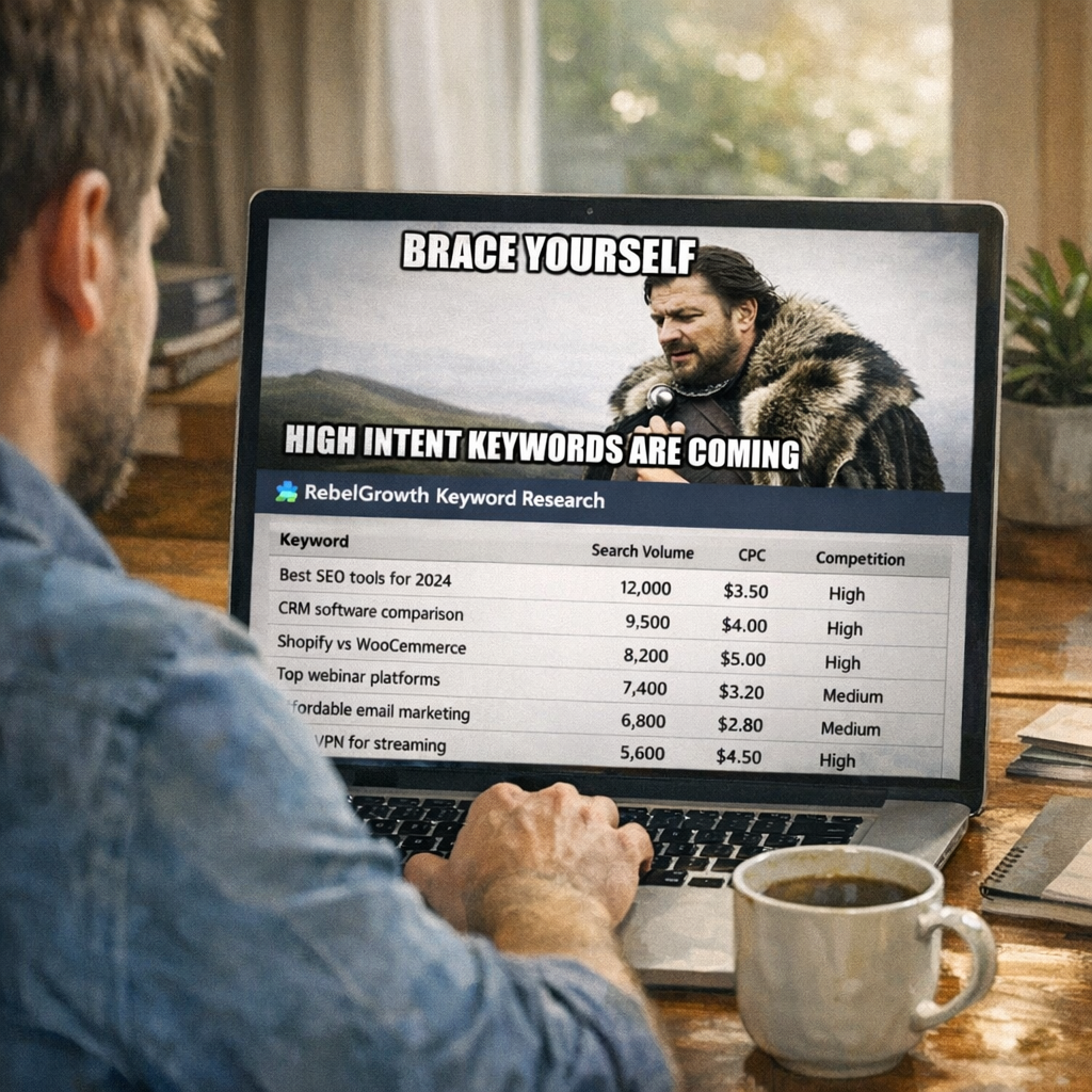A photorealistic scene of a digital marketer at a desk, looking at a laptop screen displaying a keyword research dashboard filled with high‑intent phrases, coffee mug nearby, soft natural lighting. Alt: "High intent keyword research dashboard on a marketer’s desk, realism style."