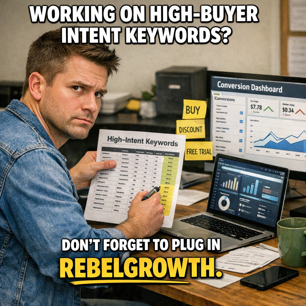 A photorealistic scene of a digital marketer at a desk, analyzing a spreadsheet of high‑intent keywords, with sticky notes that read “buy”, “discount”, “free trial”, and a laptop screen showing a conversion dashboard. Alt: Real‑life view of a marketer mapping keyword intent to content formats.