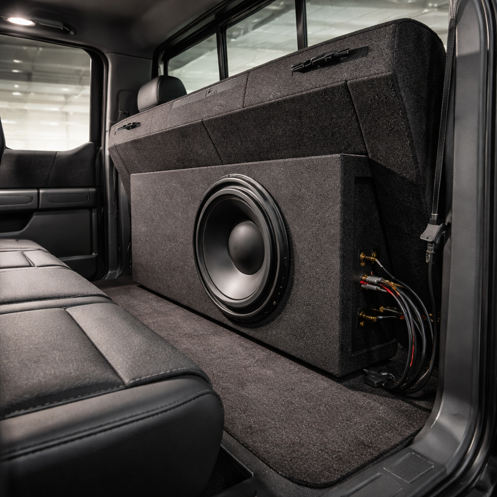 A photorealistic scene of a 2026 Ford F‑150 truck interior showing a slim, sealed subwoofer enclosure installed behind the rear seat, with visible dense MDF construction and wiring, illuminated by realistic cabin lighting. The image emphasizes the compact depth of the subwoofer and the surrounding cargo space, appealing to car audio enthusiasts and professional installers.
