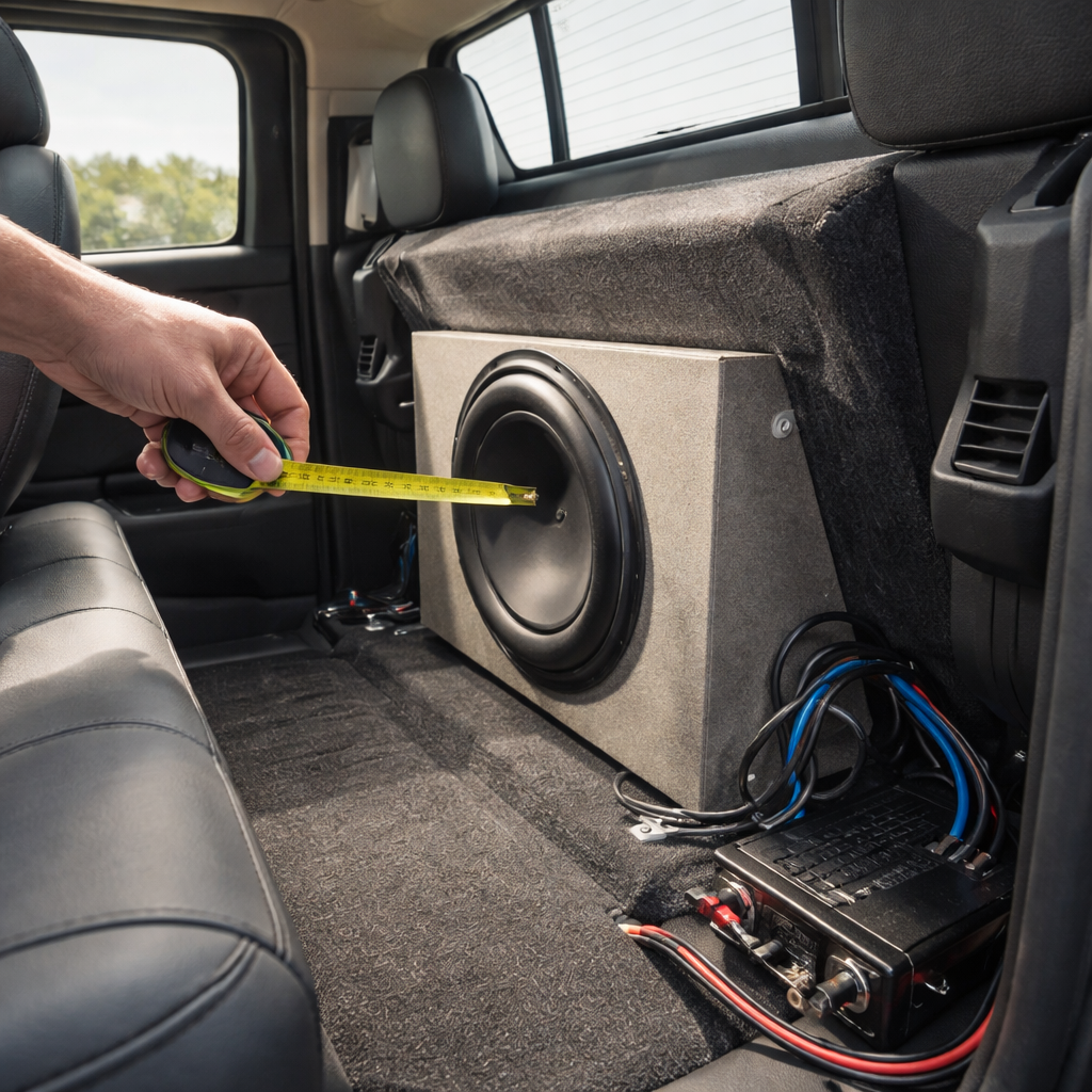 A photorealistic scene of a truck interior showing the rear seat area with a custom‑cut .6 cu ft sealed MDF subwoofer box installed behind the seat, stainless‑steel mounting hardware visible, 12‑gauge speaker wire neatly routed to a compact monoblock amp under the seat, natural cabin lighting highlighting the precise clearance measurements. Alt: Installer measuring clearance for a high output slim subwoofer in a 2026 pickup