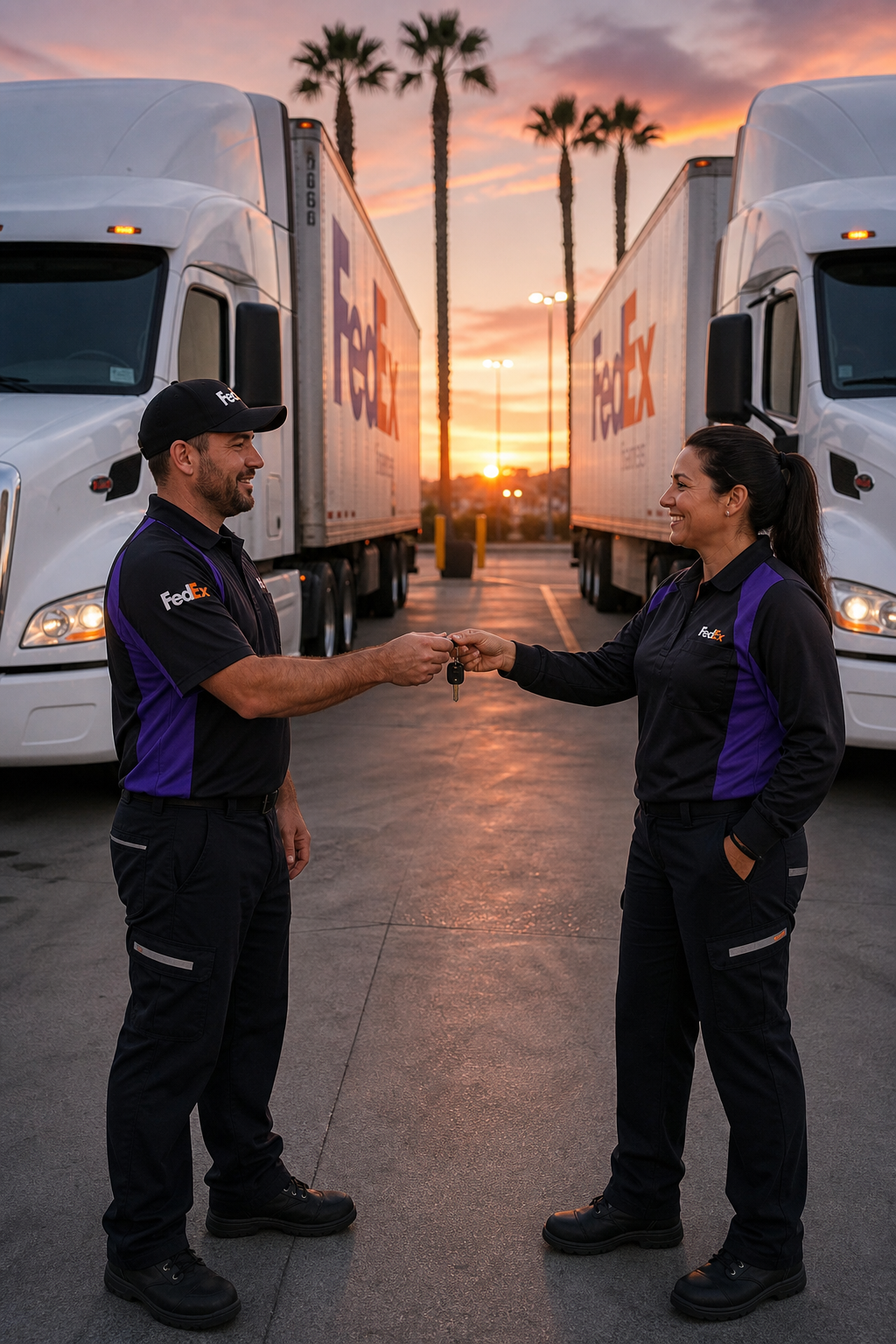 A photorealistic scene of two professional truck drivers, a man and a woman, handing over keys at a brightly lit truck stop in California at dusk. Their trucks are modern semis with FedEx trailers. Alt: Two CDL A team drivers switching shifts at a truck stop to maximize miles.