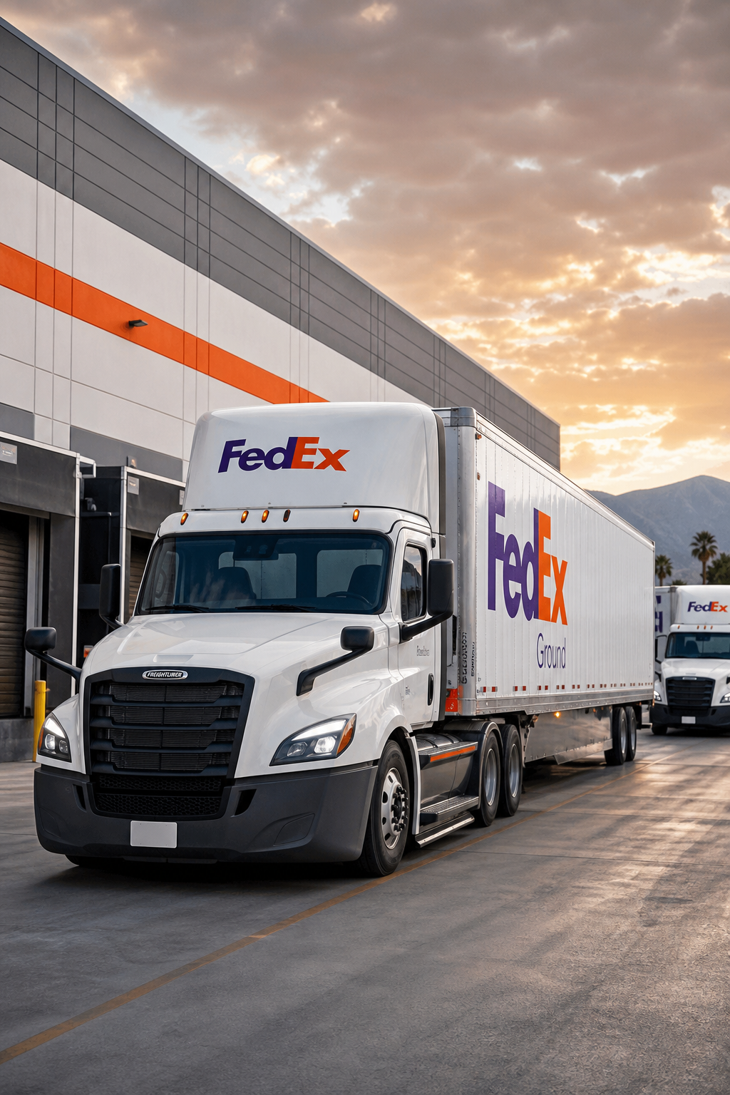 A realistic photo of a modern Freightliner Cascadia truck hooked to a FedEx trailer at a bustling distribution center near Ontario, California, with other trucks and loading docks in the background. Alt: FedEx linehaul truck at a California distribution center ready for drop-and-hook.
