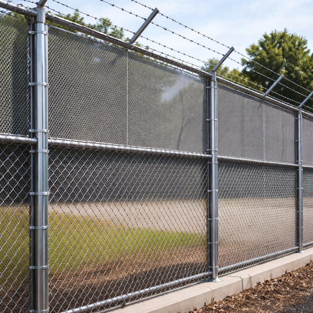 A realistic photo of a commercial chain link fence with security mesh overlay, showing steel posts and tensioned wire. Alt: high security chain link fence installation