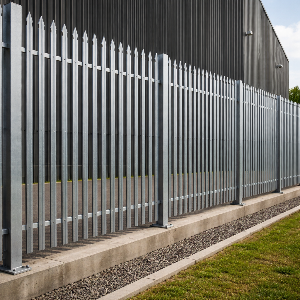 Realistic rendering of a steel palisade fence installed along a commercial perimeter, showing vertical pales and concrete footings. Alt: high security palisade fence installation